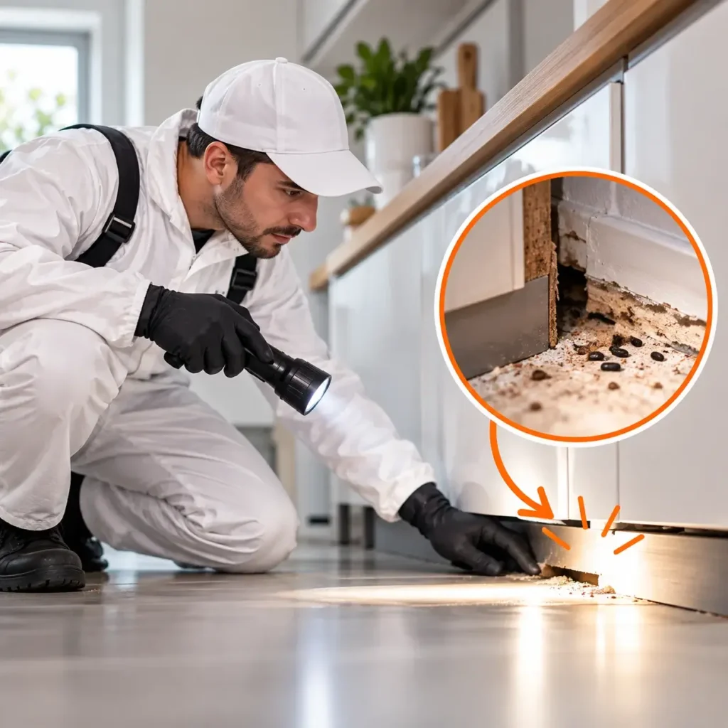 Pest control technician inspecting a property for signs of infestation