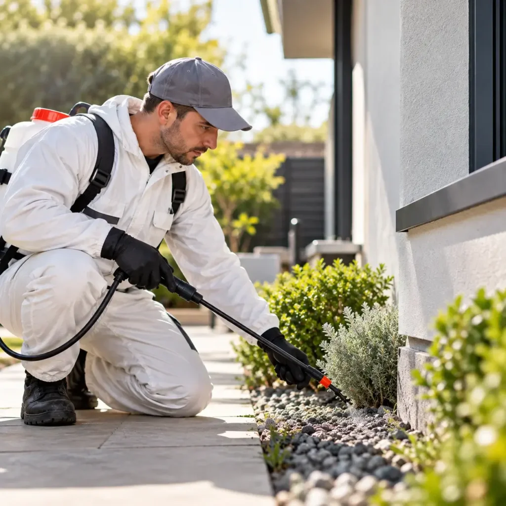 Professional pest control technician treating a residential property